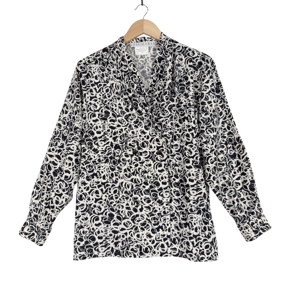 Joanie Char 90s Blouse Women 4 Black White Silk Swirl Double Breasted wrap